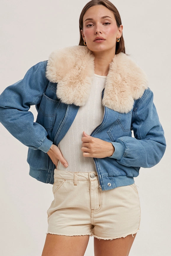 Faux Fur Detachble Denim Jacket-Jacket-Bluivy-S-LT.DENIM-Urbanheer