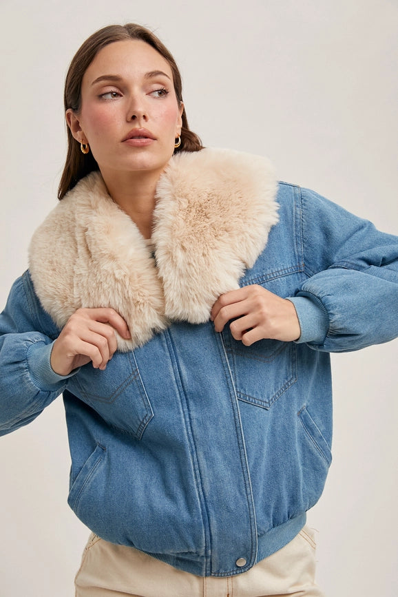 Faux Fur Detachble Denim Jacket-Jacket-Bluivy-S-LT.DENIM-Urbanheer