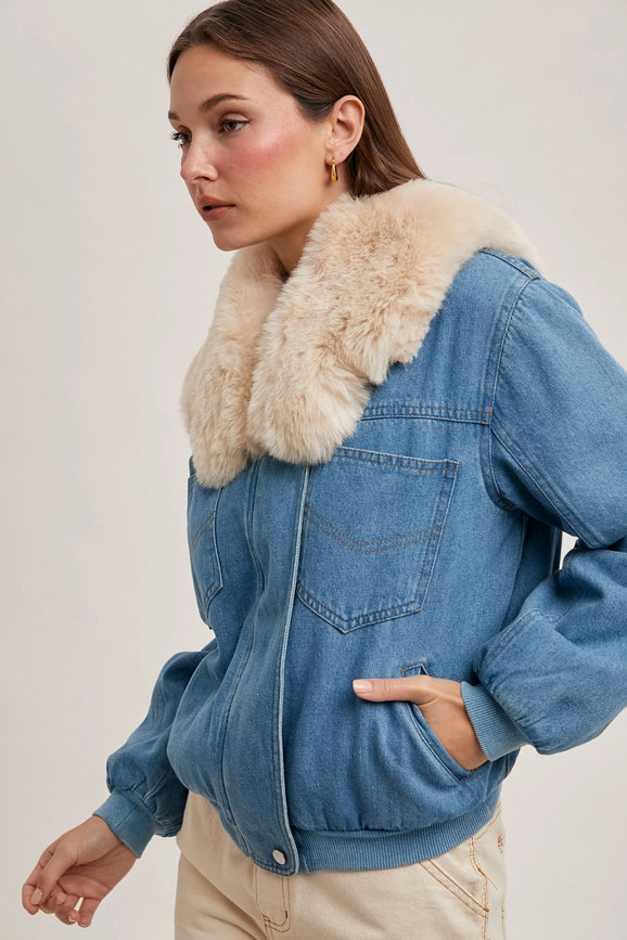 Faux Fur Detachble Denim Jacket-Jacket-Bluivy-S-LT.DENIM-Urbanheer