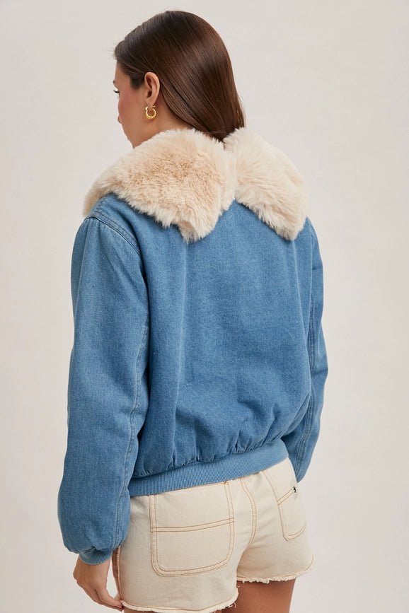 Faux Fur Detachble Denim Jacket-Jacket-Bluivy-S-LT.DENIM-Urbanheer