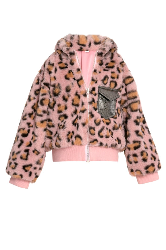 Faux Fur Leopard Print Bomber Jacket-Jacket-Hannah Banana-12M-Pink Multi-Urbanheer