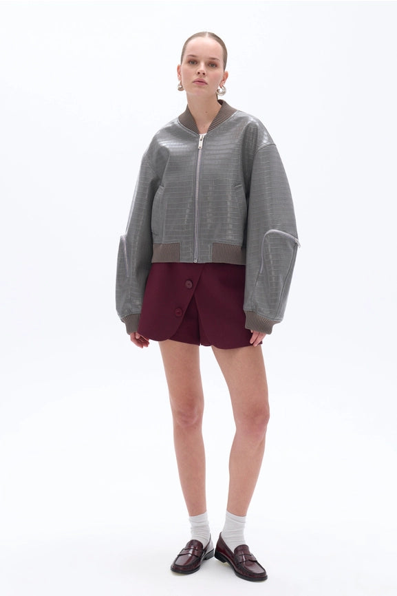 Faux Leather Bomber Jacket-Jackets-NOCTURNE-XS-Gray-Urbanheer