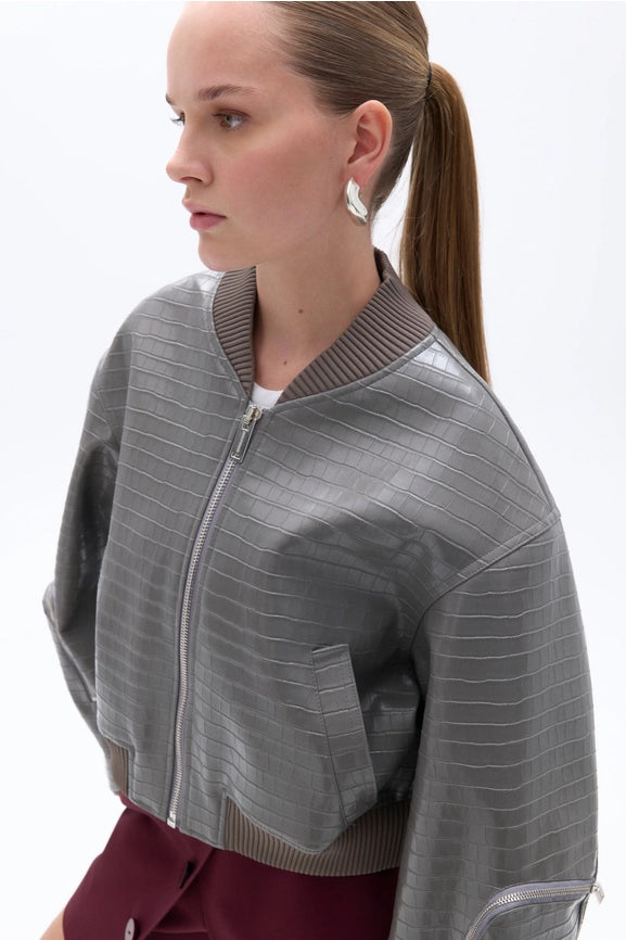 Faux Leather Bomber Jacket-Jackets-NOCTURNE-XS-Gray-Urbanheer