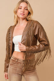 Faux Leather Braided Fringe Open Crop Jacket-Jacket-Blue B-S-BROWN-Urbanheer