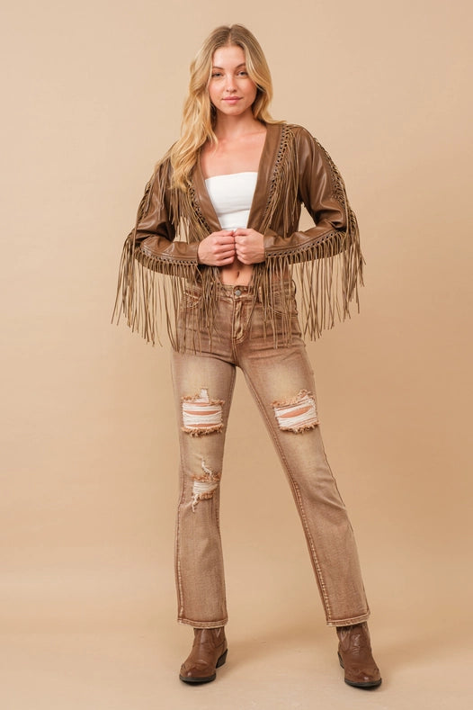 Faux Leather Braided Fringe Open Crop Jacket-Jacket-Blue B-S-BROWN-Urbanheer