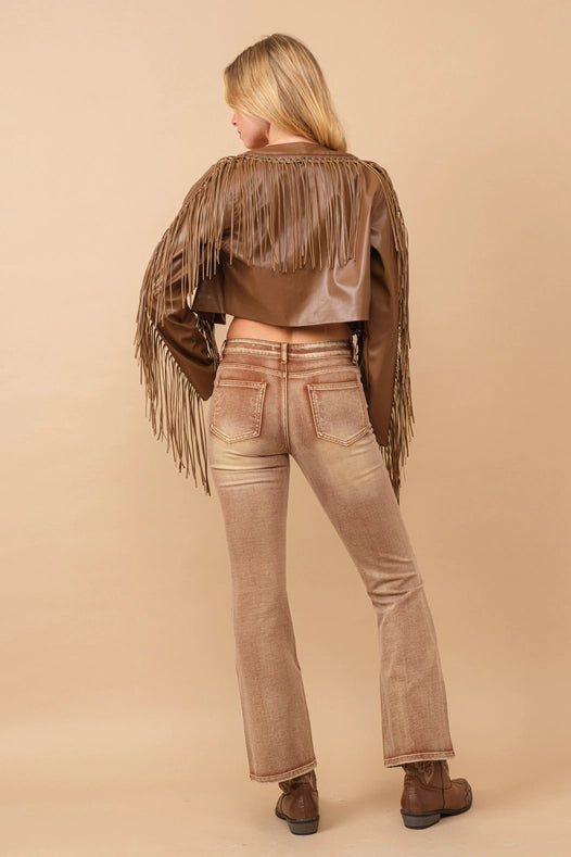 Faux Leather Braided Fringe Open Crop Jacket-Jacket-Blue B-S-BROWN-Urbanheer
