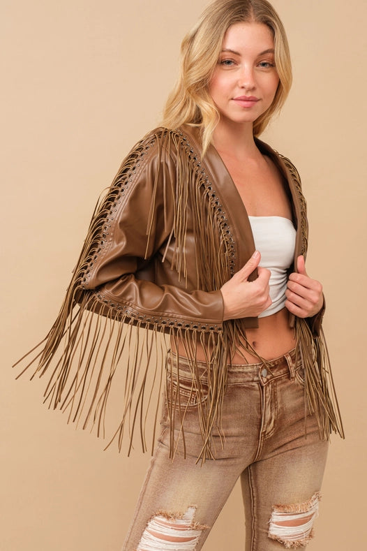 Faux Leather Braided Fringe Open Crop Jacket-Jacket-Blue B-S-BROWN-Urbanheer
