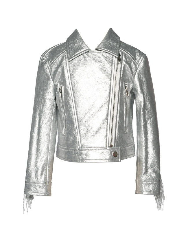 Faux Leather Metallic Moto Jacket with Fringe Back Detail-Jacket-Hannah Banana-12M-SILVER-Urbanheer