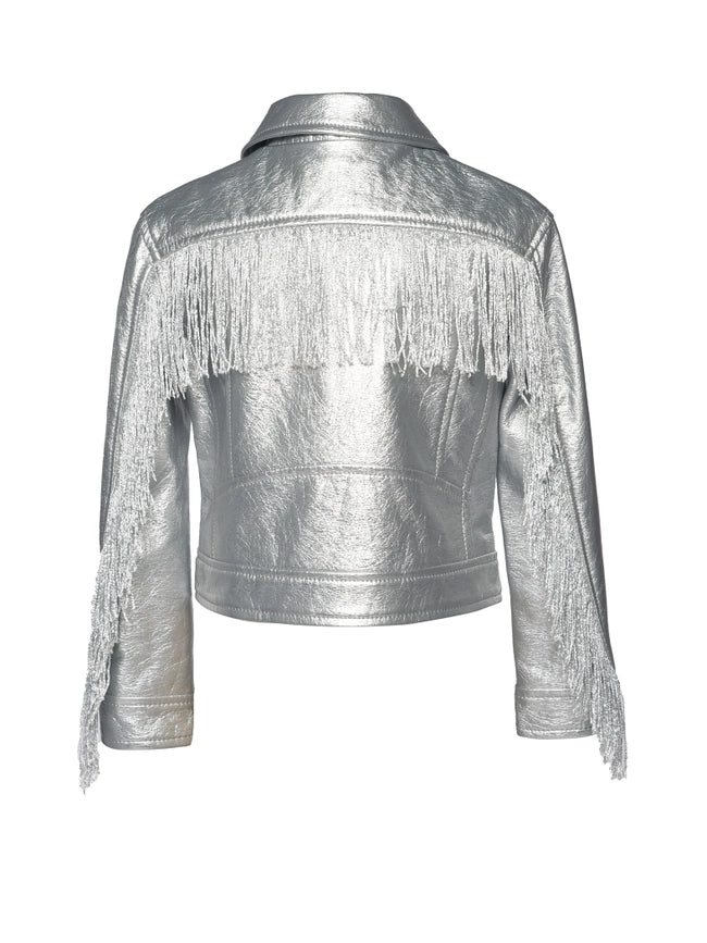 Faux Leather Metallic Moto Jacket with Fringe Back Detail-Jacket-Hannah Banana-12M-SILVER-Urbanheer