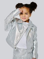 Faux Leather Metallic Moto Jacket with Fringe Back Detail-Jacket-Hannah Banana-12M-SILVER-Urbanheer