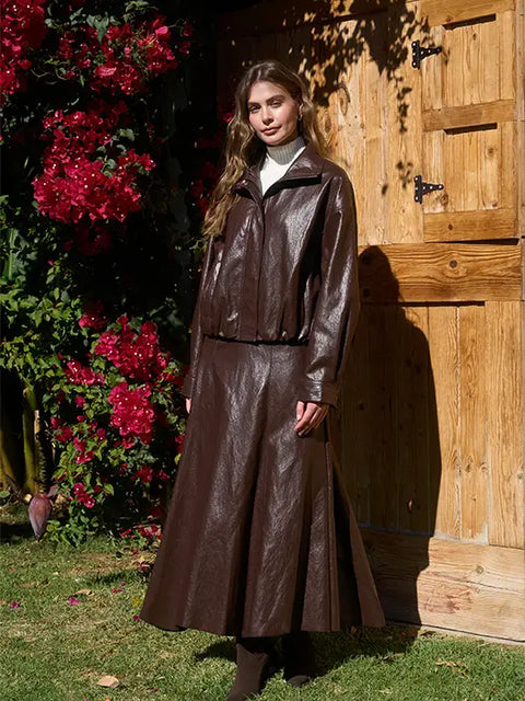 Faux Leather Mock Neck Zip-Up Bomber Jacket