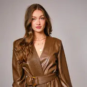 Faux Leather Pleated Neck Belted Wrap Mini Dress