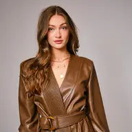 Faux Leather Pleated Neck Belted Wrap Mini Dress