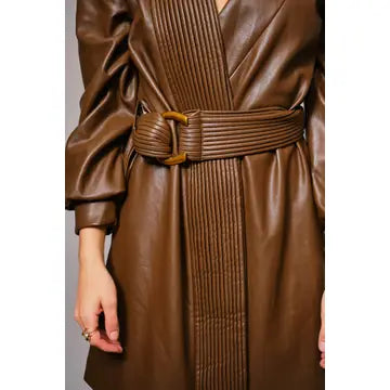 Faux Leather Pleated Neck Belted Wrap Mini Dress
