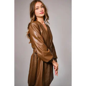 Faux Leather Pleated Neck Belted Wrap Mini Dress