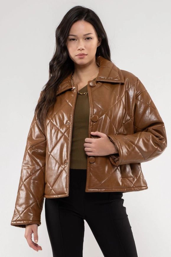 Faux Leather Quilted Jacket-Jacket-Moon River-S-BROWN-Urbanheer