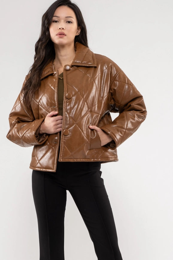 Faux Leather Quilted Jacket-Jacket-Moon River-XS-BROWN-Urbanheer