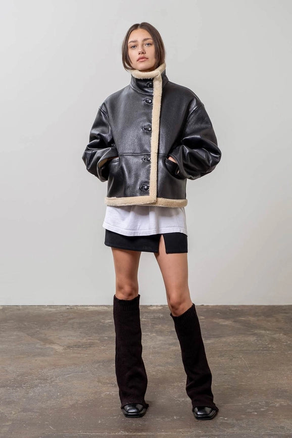 Faux Leather Shearling Button Jacket-Jacket-Moon River-XS-BLACK-Urbanheer