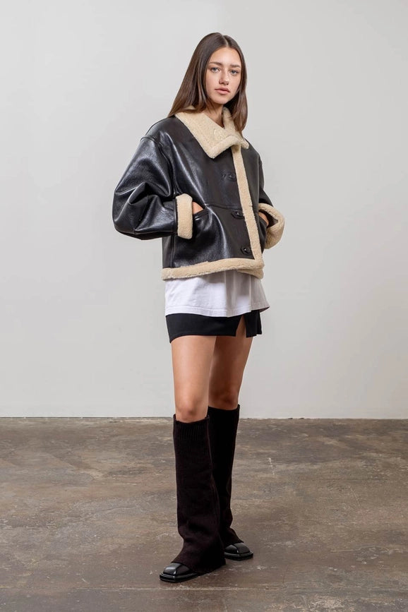 Faux Leather Shearling Button Jacket-Jacket-Moon River-XS-BLACK-Urbanheer