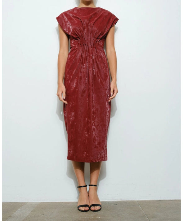Faux Leather Structured Draping Midi Dress BURGUNDY-Dress-INA-S-BURGUNDY-Urbanheer