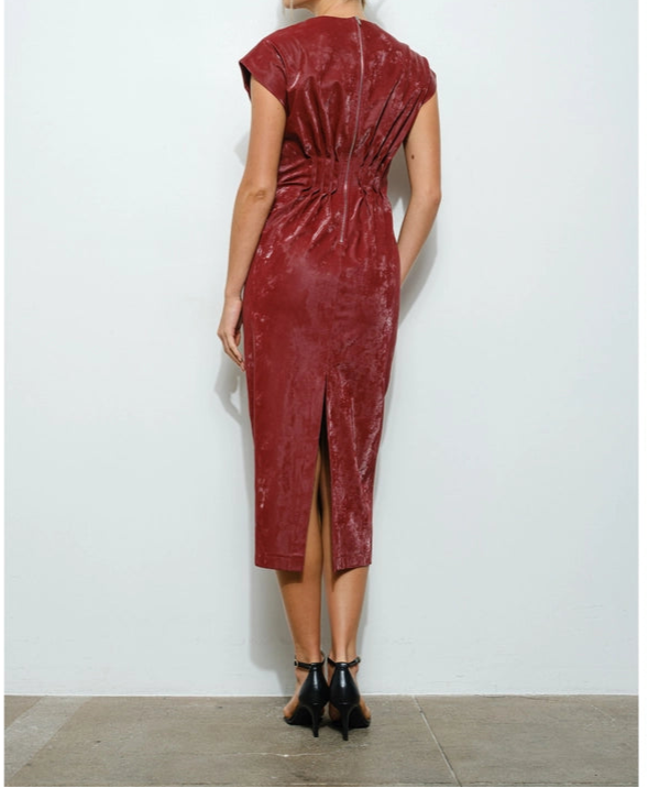 Faux Leather Structured Draping Midi Dress BURGUNDY-Dress-INA-S-BURGUNDY-Urbanheer