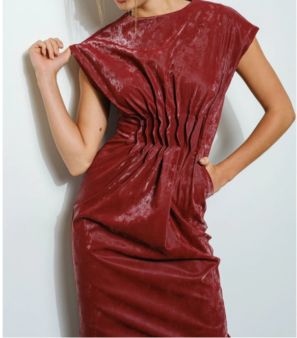 Faux Leather Structured Draping Midi Dress BURGUNDY-Dress-INA-S-BURGUNDY-Urbanheer