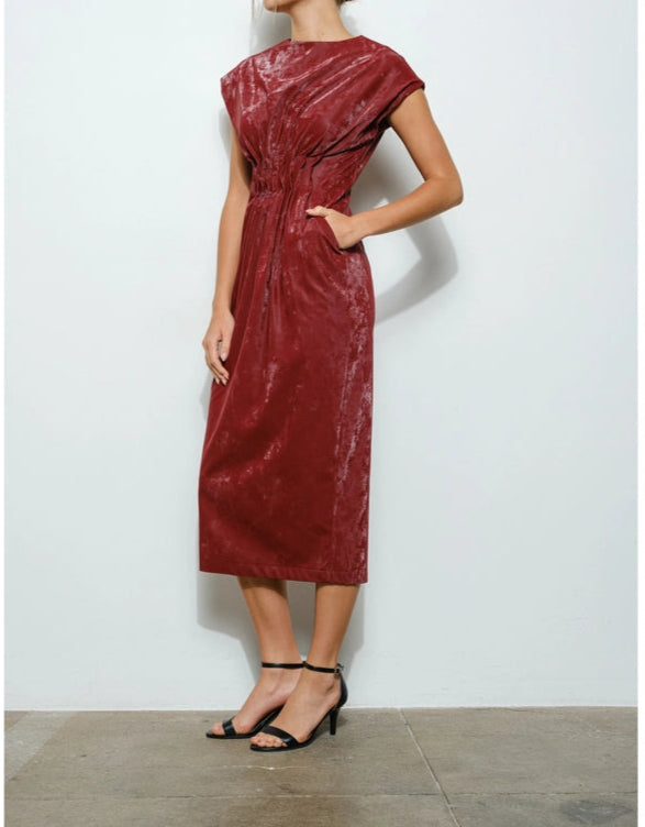 Faux Leather Structured Draping Midi Dress BURGUNDY-Dress-INA-S-BURGUNDY-Urbanheer