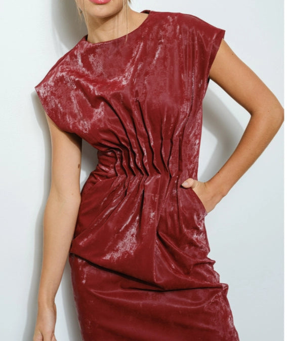 Faux Leather Structured Draping Midi Dress BURGUNDY-Dress-INA-S-BURGUNDY-Urbanheer