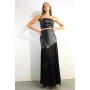 Faux Leather Top And Pleated Slit Skirt Set BLACK/BLACK-Set-Mulla-S-BLACK/BLACK-Urbanheer