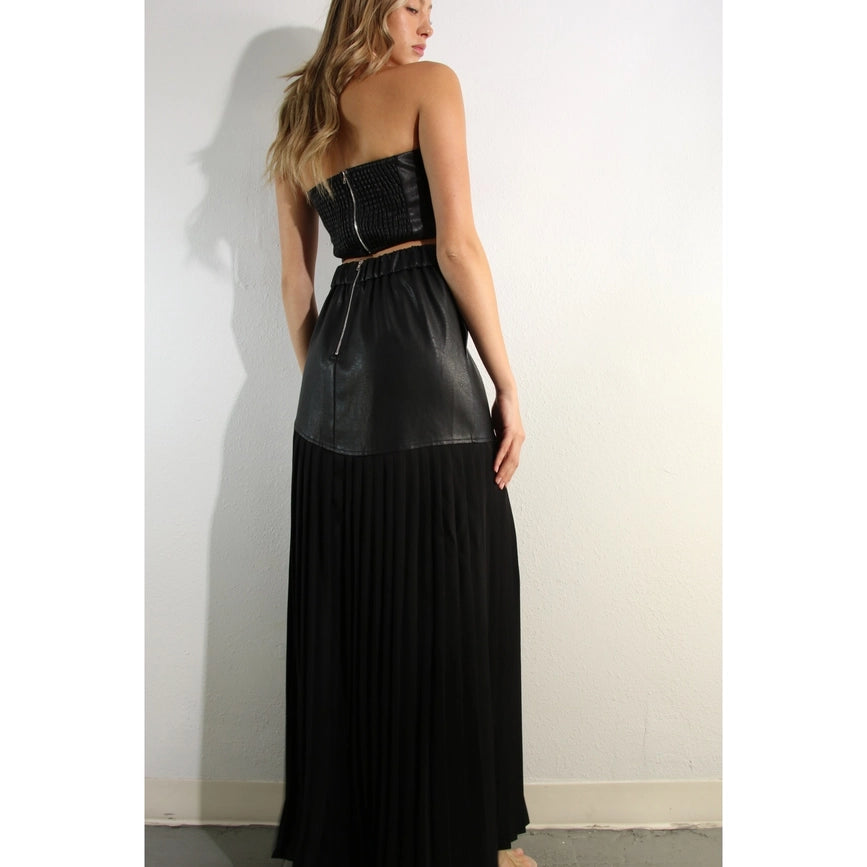 Faux Leather Top And Pleated Slit Skirt Set BLACK/BLACK-Set-Mulla-S-BLACK/BLACK-Urbanheer
