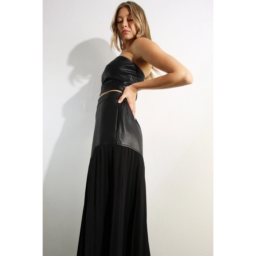 Faux Leather Top And Pleated Slit Skirt Set BLACK/BLACK-Set-Mulla-S-BLACK/BLACK-Urbanheer