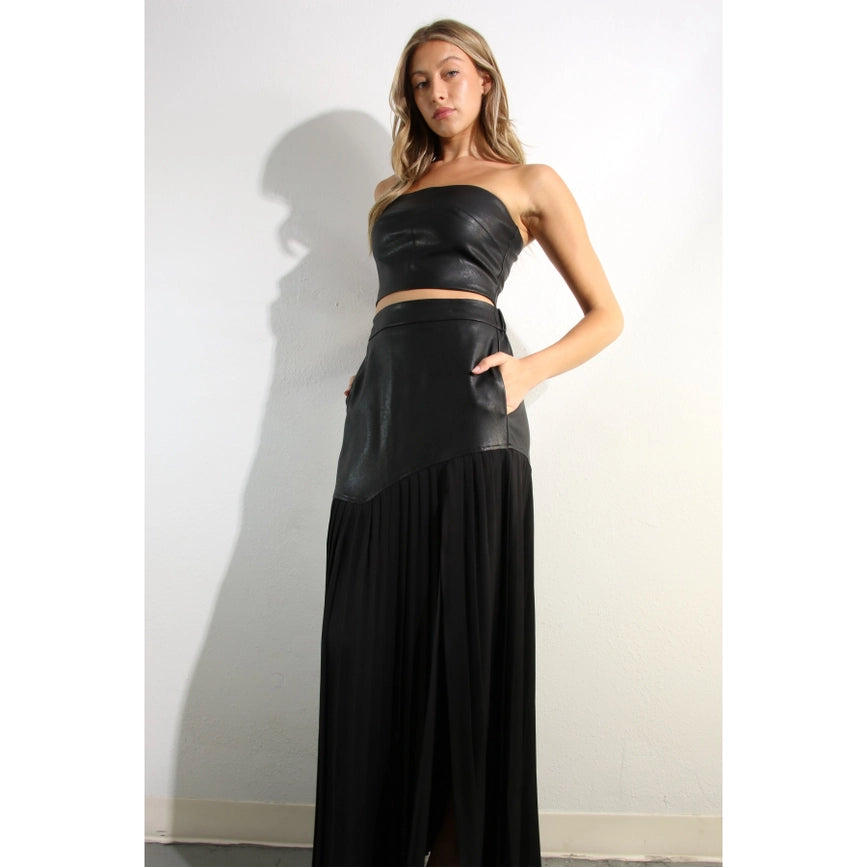 Faux Leather Top And Pleated Slit Skirt Set BLACK/BLACK-Set-Mulla-S-BLACK/BLACK-Urbanheer