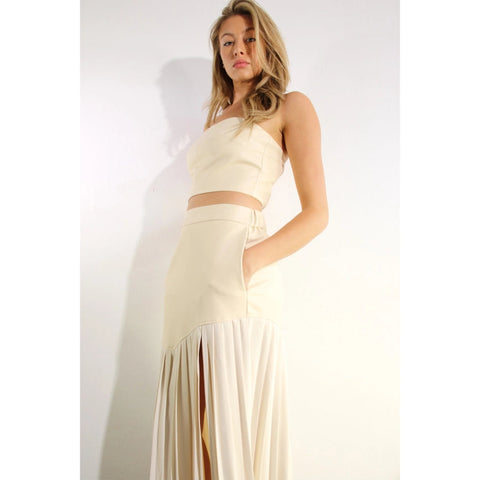 Faux Leather Top And Pleated Slit Skirt Set CREAM/CREAM-Set-Mulla-S-CREAM/CREAM-Urbanheer