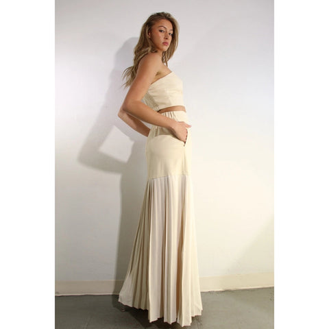 Faux Leather Top And Pleated Slit Skirt Set CREAM/CREAM-Set-Mulla-S-CREAM/CREAM-Urbanheer