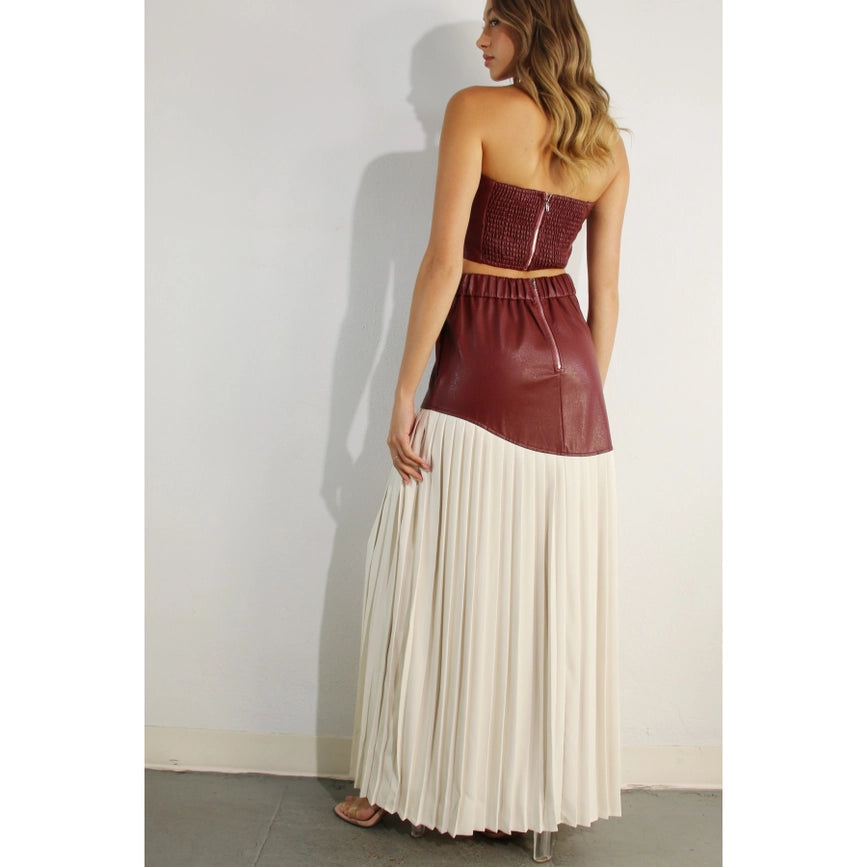 Faux Leather Top And Pleated Slit Skirt Set WINE-Set-Mulla-S-WINE-Urbanheer