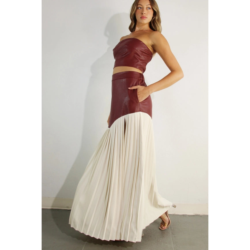 Faux Leather Top And Pleated Slit Skirt Set WINE-Set-Mulla-S-WINE-Urbanheer