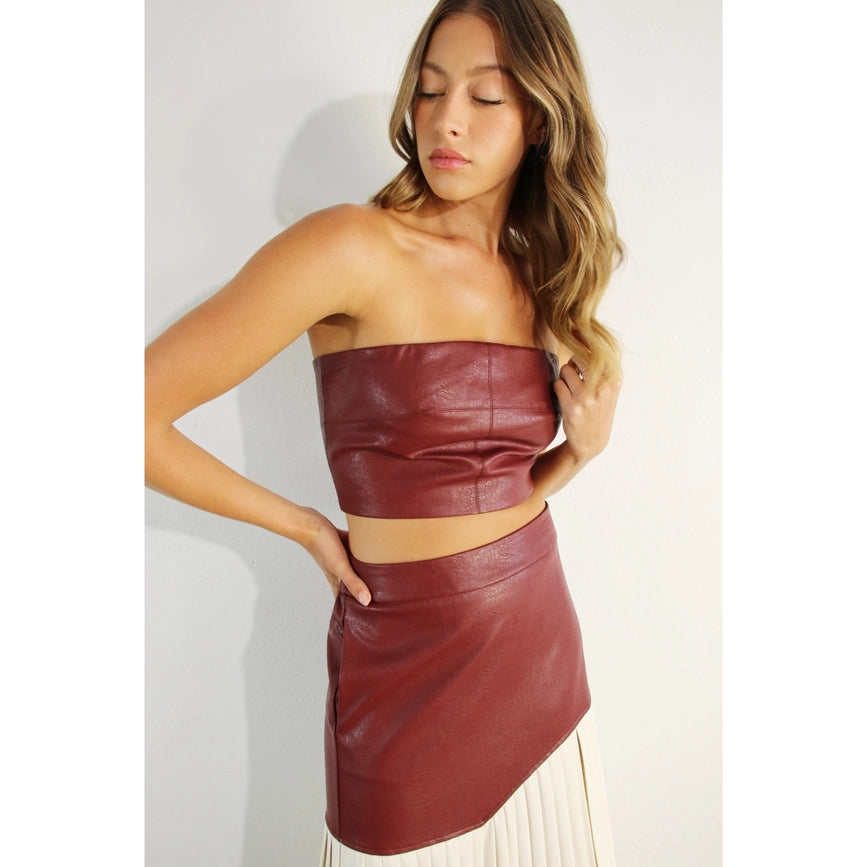 Faux Leather Top And Pleated Slit Skirt Set WINE-Set-Mulla-S-WINE-Urbanheer