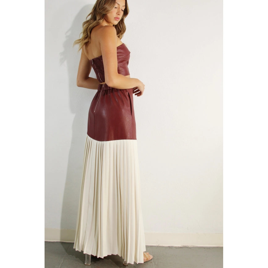 Faux Leather Top And Pleated Slit Skirt Set WINE-Set-Mulla-S-WINE-Urbanheer