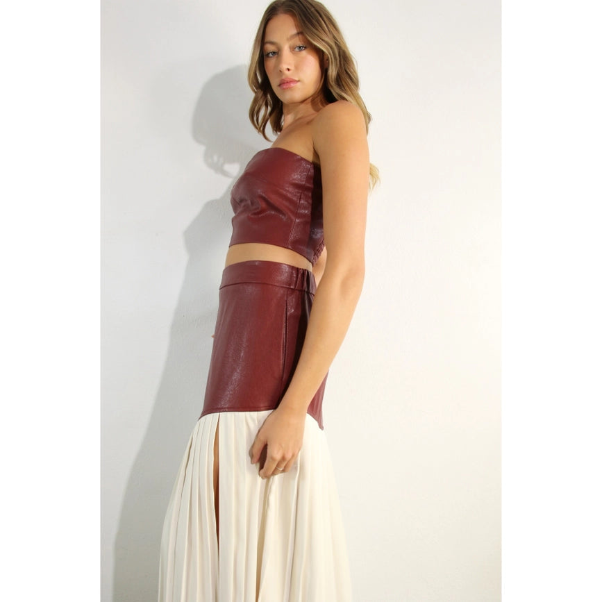 Faux Leather Top And Pleated Slit Skirt Set WINE-Set-Mulla-S-WINE-Urbanheer