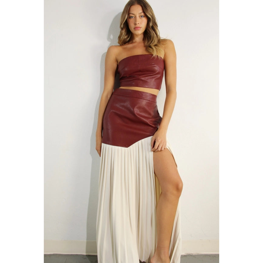 Faux Leather Top And Pleated Slit Skirt Set WINE-Set-Mulla-S-WINE-Urbanheer
