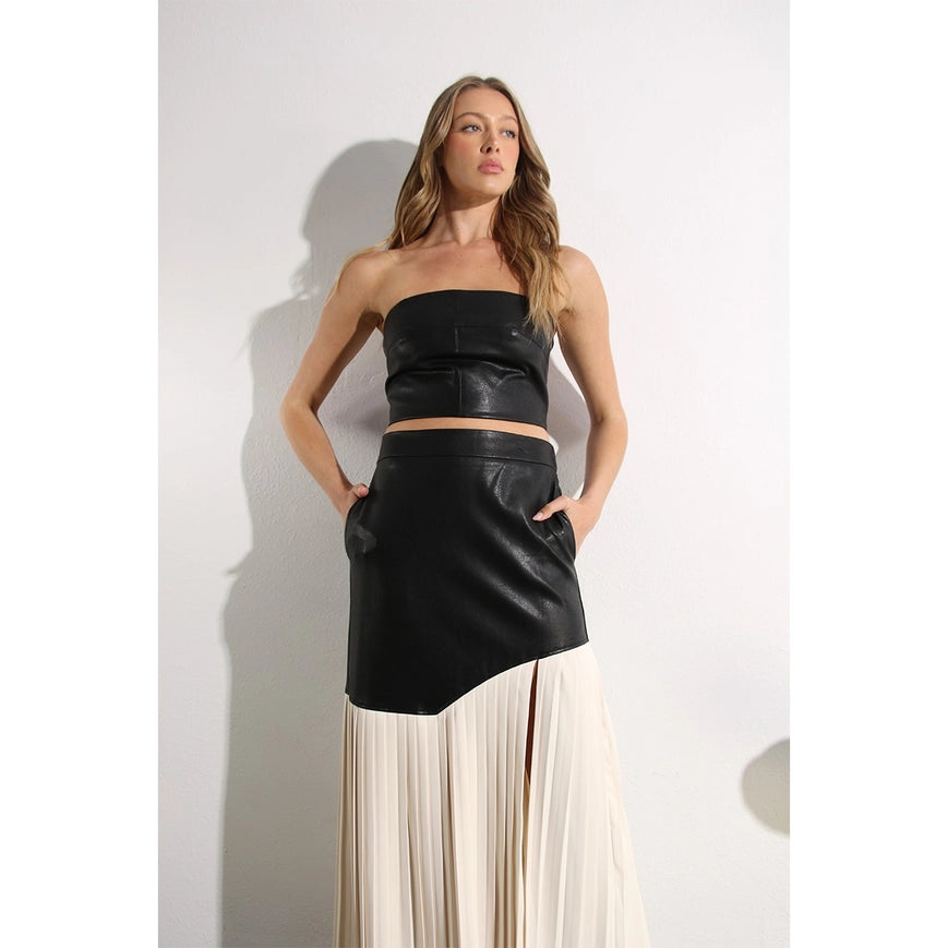 Faux Leather Top And Pleated Slit Skirt Set Black-Set-Mulla-S-BLACK-Urbanheer