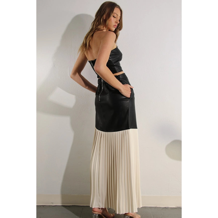 Faux Leather Top And Pleated Slit Skirt Set Black-Set-Mulla-S-BLACK-Urbanheer