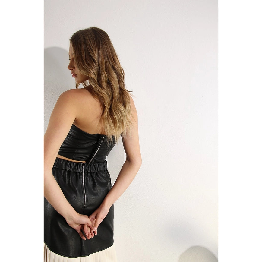 Faux Leather Top And Pleated Slit Skirt Set Black-Set-Mulla-S-BLACK-Urbanheer
