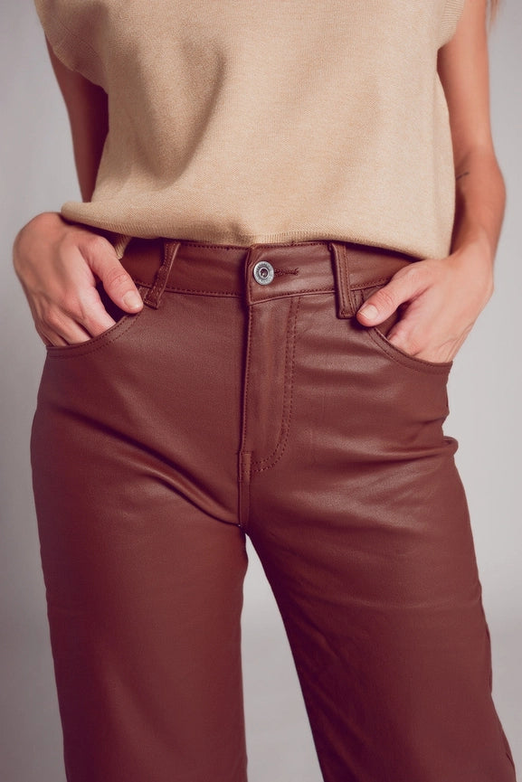 Faux Leather Wide Leg Trouser in Brown-Trouser-Q2-XS-Brown-Urbanheer