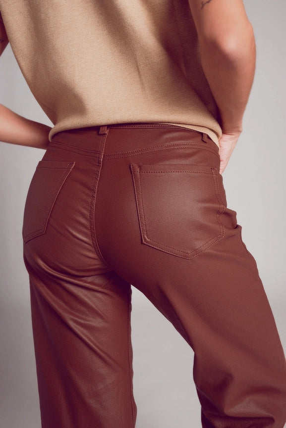 Faux Leather Wide Leg Trouser in Brown-Trouser-Q2-XS-Brown-Urbanheer