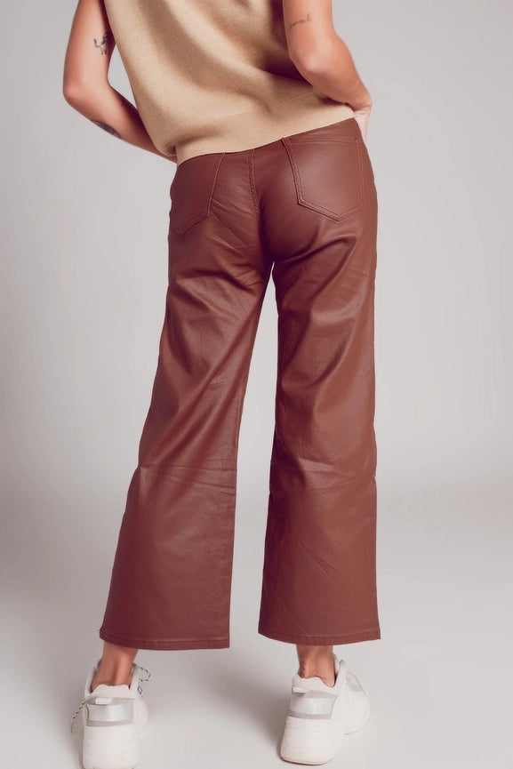 Faux Leather Wide Leg Trouser in Brown-Trouser-Q2-XS-Brown-Urbanheer