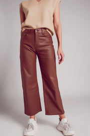 Faux Leather Wide Leg Trouser in Brown-Trouser-Q2-XS-Brown-Urbanheer