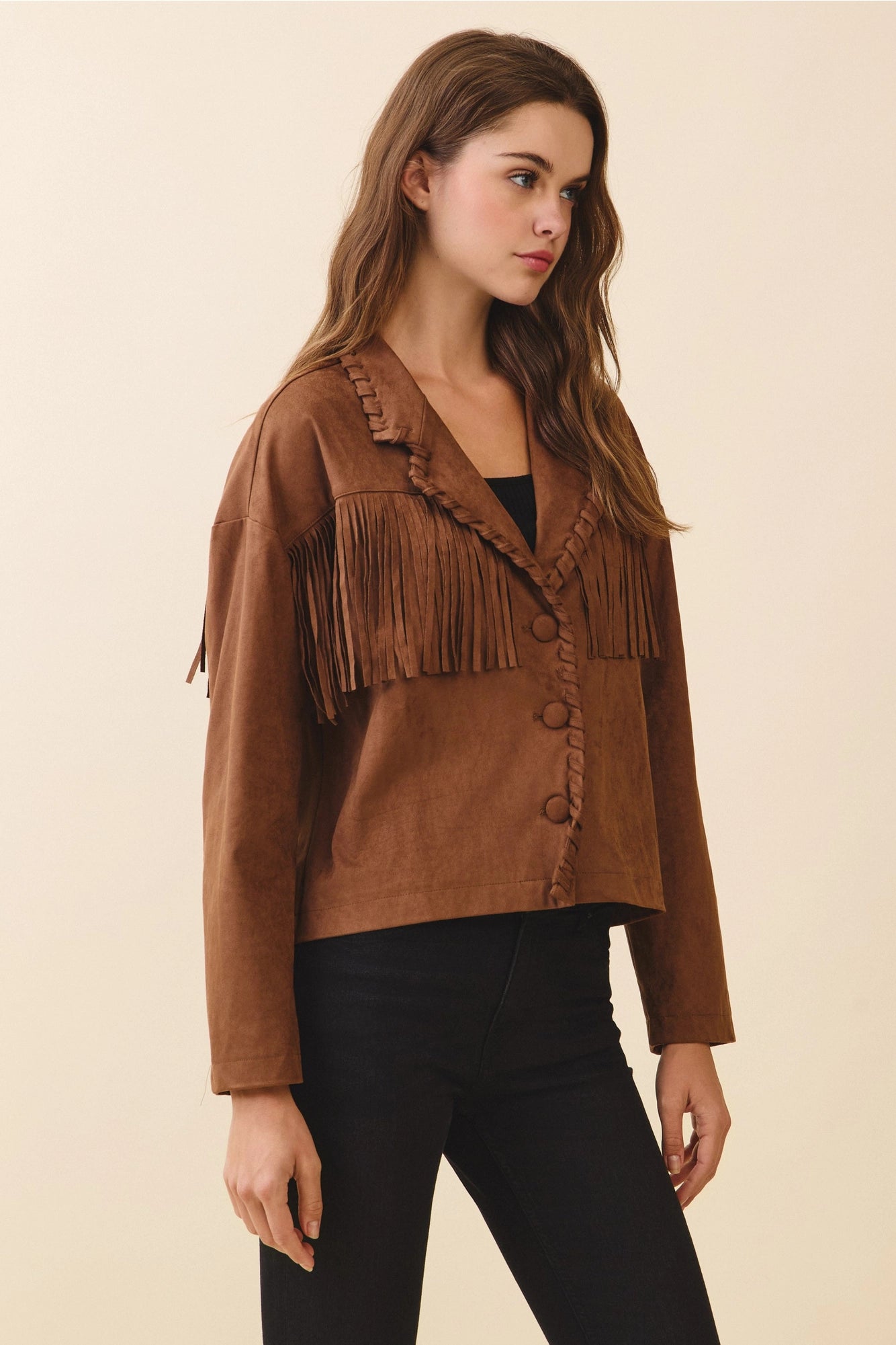 Faux Suede Fringe Detail Braided Trim Jacket