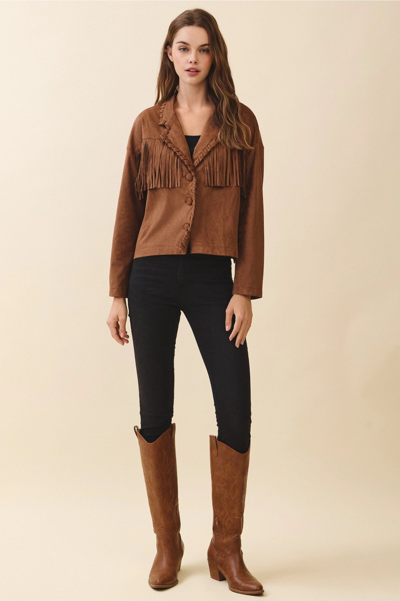 Faux Suede Fringe Detail Braided Trim Jacket