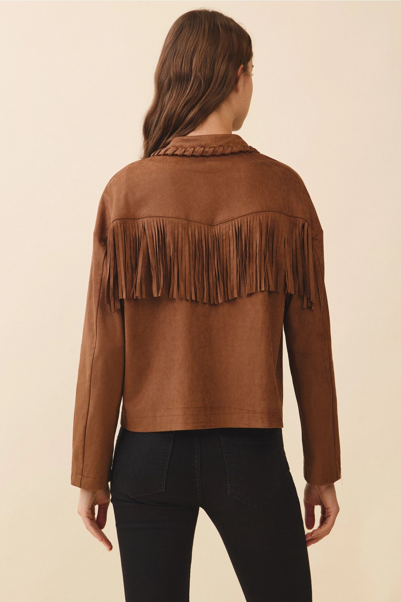 Faux Suede Fringe Detail Braided Trim Jacket